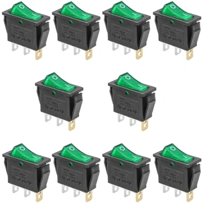 Imagen de Oiyagai 10 Piezas de Interruptores Balancín Iluminados Verdes KCD3 3P On/Off SPST 3 Pines AC 16A/250V 20A/125V