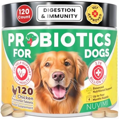 Imagen de NUVIMI probióticos para Perros: 120 Comprimidos y prebióticos con Sabor a Pollo Refuerzo inmunológico Apoyo digestivo (Suministro 1 4 Meses)