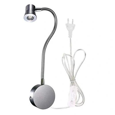 Imagen de WeFoonLo 3W Lámpara de cuello cisne flexible pared LED con luz lectura y enchufe para dormitorio, oficina, banco trabajo, estudio (3W Plata, blanco cálido)