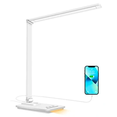 Imagen de oxylops lámpara Led Escritorio, Flexo de escritorio con luz nocturna, lampara control táctil, Puerto carga USB, 10 niveles luminosidad 5 modos, Temporizador 45min, (Blanco)