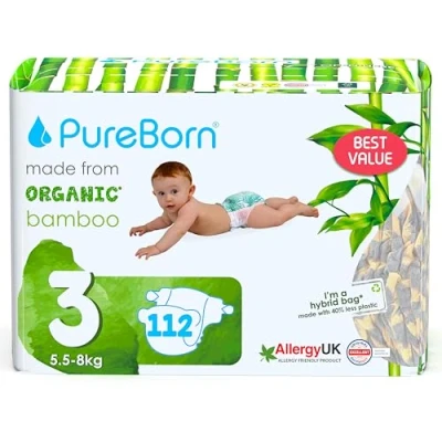 Imagen de PureBorn Pañales Bebé Ecológicos de Bambú, Talla 3 (5,5 8 kg), 112 piezas, Hipoalergénicos, Ultrasuaves, Estampado Surtido