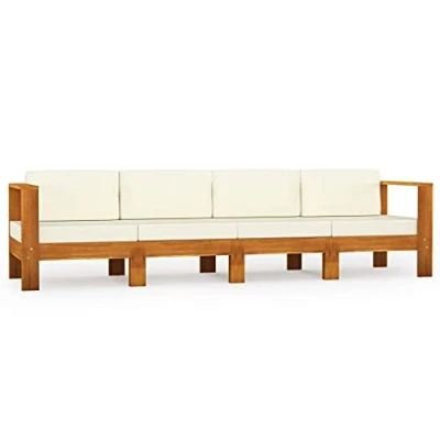 Imagen de vidaXL Sofá de Jardín 4 Plazas con Cojín Patio Muebles Mobiliario Terraza Exterior Hogar Silla Asiento Acolchado Crema Madera Maciza Acacia