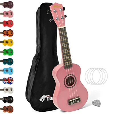 Imagen de Tiger UKE7 Ukelele soprano para principiantes, incluye funda, púa de fieltro, juego cuerdas repuesto , ahora equipado con Aquila, Rosa