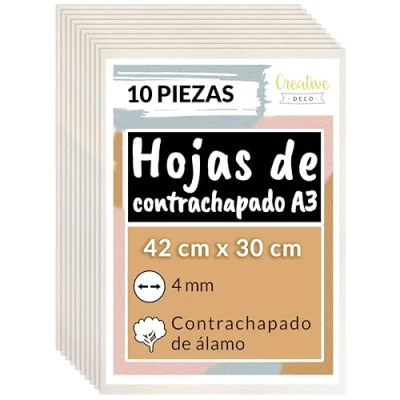 Imagen de Creative Deco 10 x A3 Tablero Madera Contrachapado de Álamo 420 300 4 mm (+/ 0.5mm) Manualidades Chapa Maciza para Bricolaje Ideal Pirograbado, Corte por Laser, CNC Router, Modelado