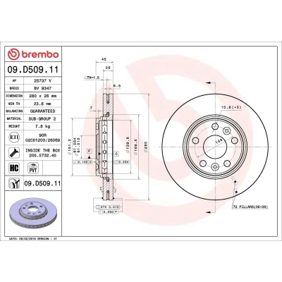Imagen de BREMBO 09.D509.11 Disco de freno 280 26 5 ventilación interna revestido altamente carbonizado con tornillos RENAULT: Kangoo II Be Bop