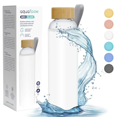 Imagen de Aquafloow Botella Agua de Vidrio Con Tapa 700ml, Borosilicato Bambú Neopreno, Sin BPA, Reutilizable Ideal para La Oficina, El Exterior, Escuela Blanco