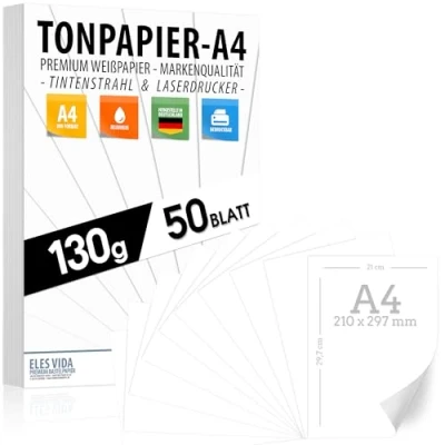 Imagen de 50 blanco papel de construcción 130 g/m² PREMIUM puro nieve A4 21 x 29,7 cm impresión blanco, sin imprimir para fotografía, presentaciones, scrapbooking