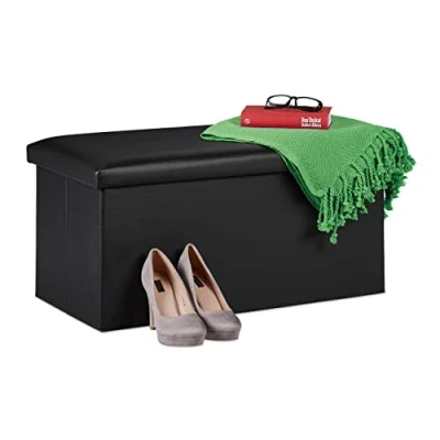 Imagen de Relaxdays Banco con Almacenaje, Baúl Almacenamiento, Piel Sintética, Asiento Acolchado, 37,5 x 76,5 38,5 cm, Negro, Tablero de Fibras, 1 Unidad