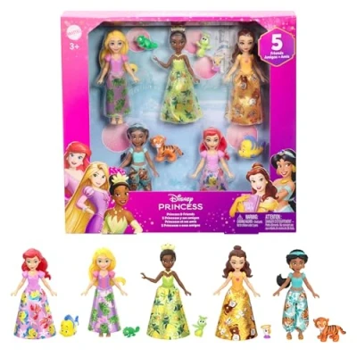 Imagen de Mattel Disney Princesas y amigos Conjunto de juego con cinco muñecas pequeñas articuladas faldas o pantalones extraíbles figuras amigos, inspiradas en las películas Disney, JBL33