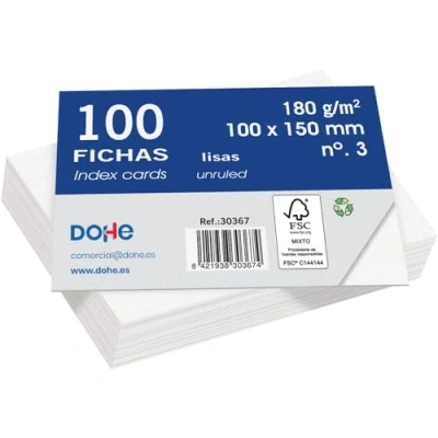 Imagen de Dohe Fichas Lisas de Cartulina (100 uds.) Tarjetas para Escribir Notas, Tamaño A6 (15x10 cm), 180 gr/m², N.º 3, Material Oficina Color Blanco