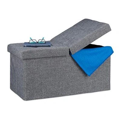 Imagen de Relaxdays Baúl Almacenamiento, Banco Almacenaje, Puff Asiento Tapa Plegable, Tela DM, 39 x 75 37 cm, 1 Ud, Gris Oscuro, Poliéster