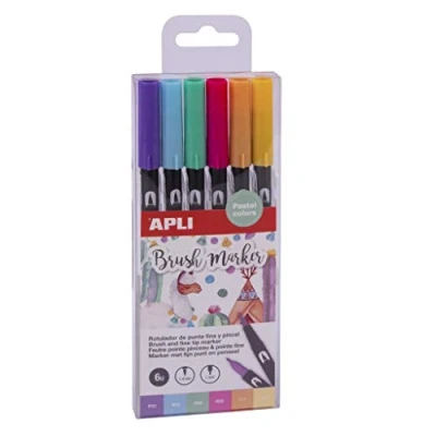 Imagen de APLI 18574 Pack de 6 rotuladores acuarelables en tonos pastel, doble punta (redonda 1 mm y pincel 4 mm)