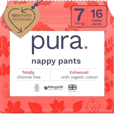 Imagen de Pura Eco Nappy Pants Size 7 (17kg+), 16 Nappies, Pull Up Disposable Baby Nappies for Sensitive &amp; Allergy Prone Skin, Hypoallergenic, Fragrance Free, Easy Tear Side, New Guide