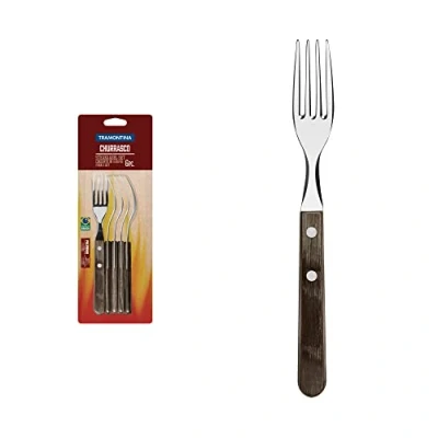 Imagen de TRAMONTINA Juego de Tenedores Mesa Churrasco, para Asado, en Acero Inoxidable y Mangos Madera Polywood Color Castaño, Cubiertos con Remaches Aluminio, 6 Piezas