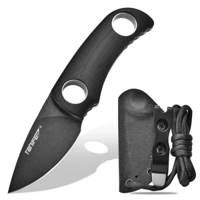 Imagen de TONIFE Cuchillo de Hoja Fija 4,7cm, Mini Cuello con Funda Kydex y Cordón, Fijo Portátil EDC para Supervivencia al Aire Libre (Negro+Óxido negro luego Stonewash)
