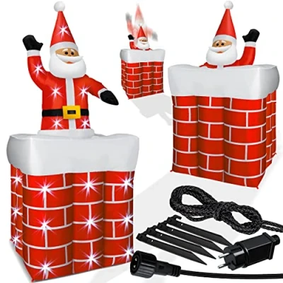 Imagen de KESSER® Papá Noel Inflable de 178 cm Altura Saliendo la Chimenea, Iluminado con Luces LED, Decoración Que Incluye Material fijación. navideña.