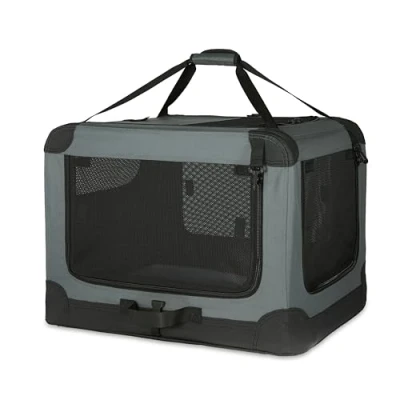 Imagen de Amazon Basics Transportín portátil plegable de 4 puertas para perros y gatos, Gris, 91 x 61 cm, L