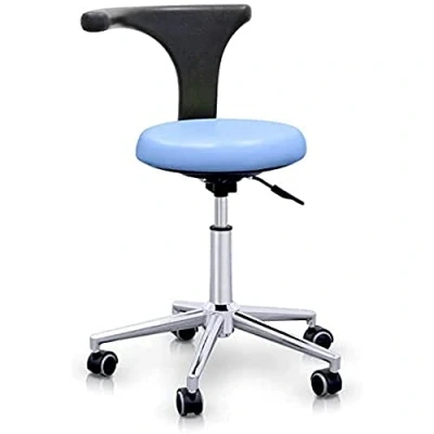 Imagen de QUIRUMED Taburete con Respaldo ergonómico Profesional, Color Azul Claro, Estructura en Acero Inoxidable, Polipiel, Base Ruedas, Asiento Regulable Altura, hasta 120 kg