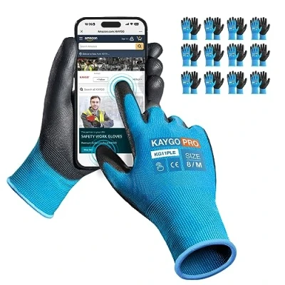 Imagen de KAYGO 12 pares de guantes trabajo para hombres y mujeres, protección recubiertos PU, agarre antideslizante en palmas dedos, trabajos generales (Azul Touchscreen, talla 8)