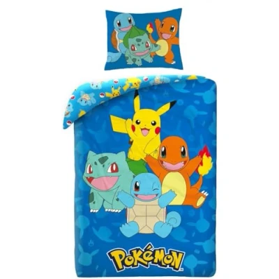 Imagen de Halantex Juego de cama Pokemon con Pikachu, Salamèche, Carapuce y Bulbizarre, funda nórdica 140 x 200 cm + almohada, azul, POK579