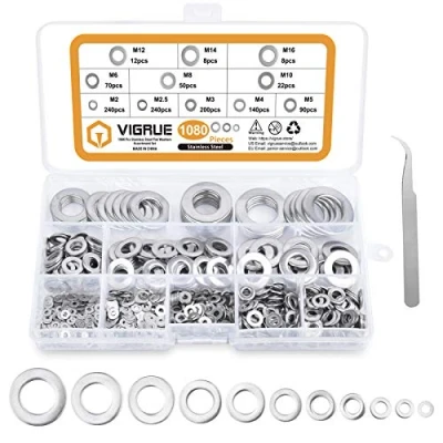 Imagen de VIGRUE arandelas planas 1080 unidades, 11 tamaños A2 70, acero inoxidable, planas, de seguridad, surtido (M2, M2.5, M3, M4, M5, M6, M8, M10, M12, M14, M16)