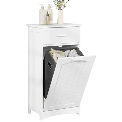 Imagen de EUGAD Armario Ropa Sucia, Mueble Baño, Cesto Baño de 2 Compartimientos Separados, Colada Extraíble con Asas, Muebles Auxiliares o Lavandería, Blanco, 42x30x82 cm