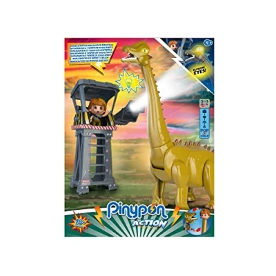 Imagen de Pinypon Action Diplodocus y Torre de Vigilancia, Playset con Luz Figuras Acción Explorador Muñeco Dinosaurio Juguete Ojos Que Brillan en la Oscuridad, Juego Desde 4 Años, Famosa