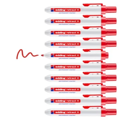 Imagen de edding retract 11 marcador permanente rojo 10 rotuladores punta redondeada 1,5 3 mm resistente al agua, secado rápido operación con una sola mano para cartón, plástico, madera, metal, vidrio