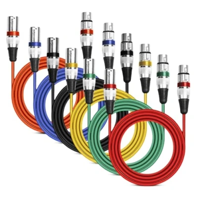 Imagen de Pack de 6 cables XLR, cable micrófono DMX 2 m, DMX, 3 pines, conector macho a hembra para estudio y producción en directo, mezclador