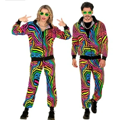 Imagen de W WIDMANN MILANO Party Fashion Disfraz de Chándal, Estampado animal, Colores neón arco iris, Traje los 80, Disfraces carnaval