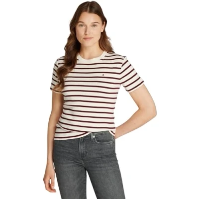 Imagen de Tommy Hilfiger New Slim Cody C NK SS WW0WW40587 Tops de Punto S/S, Beige (Fine STP Calico/Deep Rouge), 3XL para Mujer