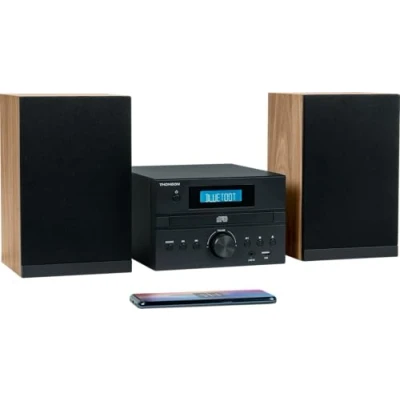 Imagen de Micro chaîne Bluetooth THOMSON Bois/Noir Radio FM/CD/MP3/USB, 20W RMS, Tuner FM RDS, Prise casque, Télécommande, Alim.