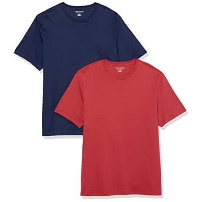 Imagen de Amazon Essentials Camiseta de manga corta, cuello redondo y corte recto Hombre, Pack 2, Azul Marino/Rojo Oscuro, XS