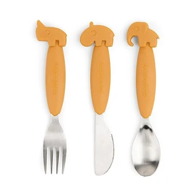 Imagen de Done by Deer Juego de cubiertos fácil agarre Friends Mostaza Compañero alimentación imprescindible para niños pequeños con diseño ergonómico