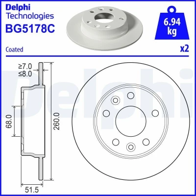 Imagen de DELPHI Disco de freno NISSAN: Juke II 260mm 8mm 5 macizo revestido BG5178C 4320600Q1A,432064941R Discos freno,