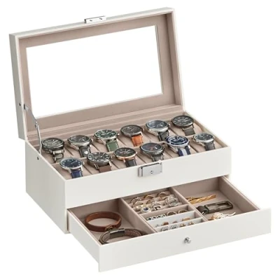 Imagen de SONGMICS Caja para relojes con tapa de cristal, 2 niveles, 12 horas, cerradura, 1 cajón, anillos, pulseras, idea regalo, funda poliuretano en color blanco nube, forro interior