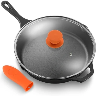 Imagen de NutriChef Sartén de Hierro Fundido 30,5 cm con Tapa, Apto Para Horno, Antiadherente, Mango Silicona, Todas las Cocinas