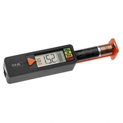 Imagen de TFA Dostmann BatteryCheck 98.1126.01 Comprobador de batería para pilas y baterías (AAA,AA,C,D), pila botón, bloque, indicador estado carga/voltios, fácil rápido, negro, (L)89 (150 x (W) 25 (H) 27 mm