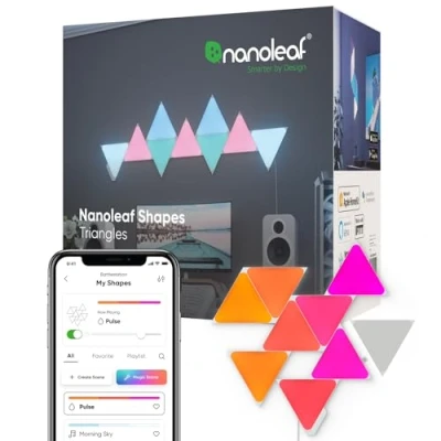 Imagen de Nanoleaf Shapes Triangle Starter Kit, 9 Triángulos Luminosos Led RGBW Apliques de Pared Interior Modulares, Luces Inteligentes 16M Colores WiFi, Compatible con Alexa, para Decoración y Gaming
