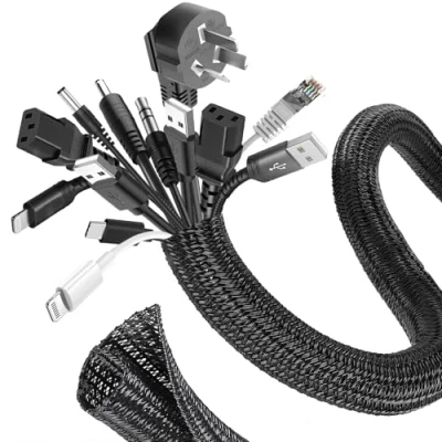 Imagen de Romon 3m Cubre Cables, 25 32 mm Expandible Trenzada Funda Auto Cierre Ocultar Organizador Cable, Esconde Cables para TV PC Office Cine, Proteja al Perro Gato de los Masticación Negro