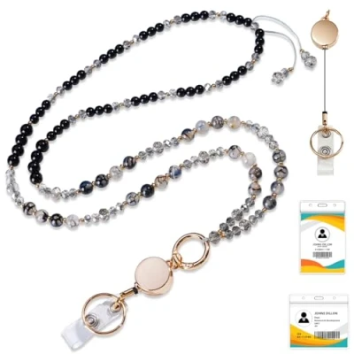Imagen de Cordones retráctiles para tarjetas de identificación y llaves con carretes insignia, cordón cuentas piedra natural mujeres profesores, bonito desmontable crucero, oficina