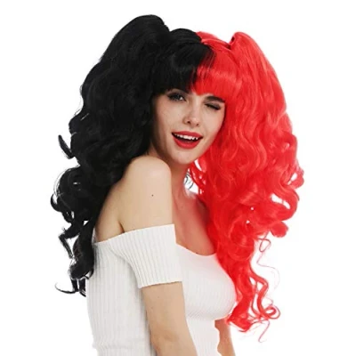 Imagen de WIG ME UP SH70103 Peluca Carnaval Cosplay Mujeres Trenzas de Quita y pon Pelo Largo Rizado Lolita gótica Negro Rojo Dividido