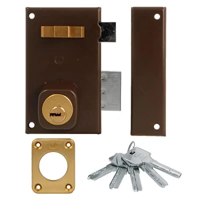 Imagen de Amig Cerradura de Sobreponer Derecha con Palanca Cierre Lengüeta y Tirador para Puertas Madera Mod. 75 67 x 112 mm Cilindro Redondo Seguridad Acero Marrón