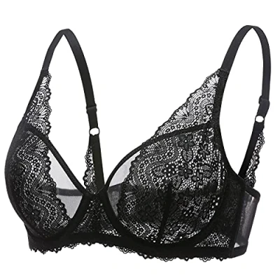 Imagen de DOBREVA Sujetador Encaje Mesh Bralette Minimizer sin Relleno con Aros para Mujer Negro 110B