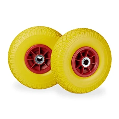 Imagen de Relaxdays 2X Ruedas de Carretilla, Neumáticos Goma, 3.00 4, Eje 20mm, hasta 80 kg, 260x85 mm, Amarillo Rojo