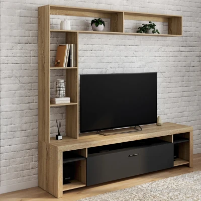 Imagen de Ensemble meuble télé et étagères bois placard noir