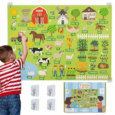 Imagen de BONNYCO Granja Animales con 92 Figuras Fieltro Juguetes Niños Montessori, Regalos para 3 4 5 6 7 8 Juegos Educativos Infantiles, Sensoriales Autismo Panel, Cumpleaños, Navidad