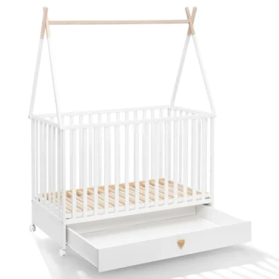 Imagen de ATB MEBLE Dreamy Collection Baby Bed with Drawer Wooden Cot Three Levels of Mattress Height for Room House White