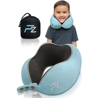 Imagen de FLOWZOOM Almohada de Viaje para Niños Mayores 3 Años Cojín Ajustable Que Alivia Tensión Cervical Viscoelástica y Suave, Coche, Tren Avión Comfy Kids, Talla S Azul