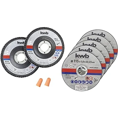 Imagen de kwb Amoladora angular (Acero inoxidable, Incluye tapones ABM), Discos de Corte y Abrasivos, Diámetro 115 mm